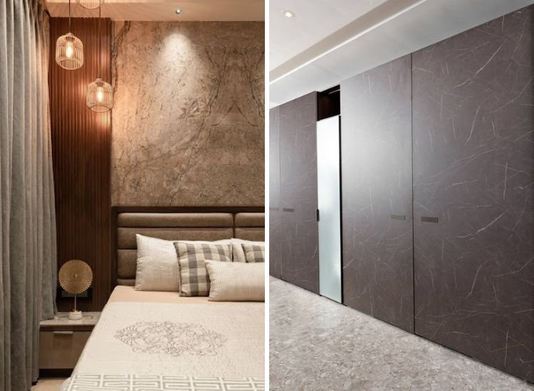 A spacious bedroom with a king-sized bed and a luxurious wall, complemented by a stone finished laminate