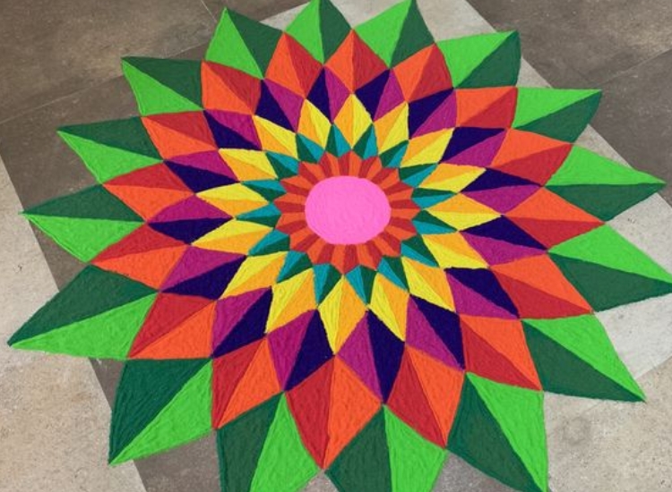 geometric rangoli with symmetrical shapes and bold colors, enhancing the festive spirit during Diwali