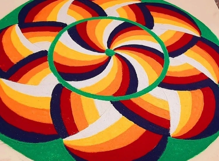 21 .Geomatric Design Rangoli Vibrant geometric rangoli design with sharp lines and colorful motifs, creating a striking visual for the festival.