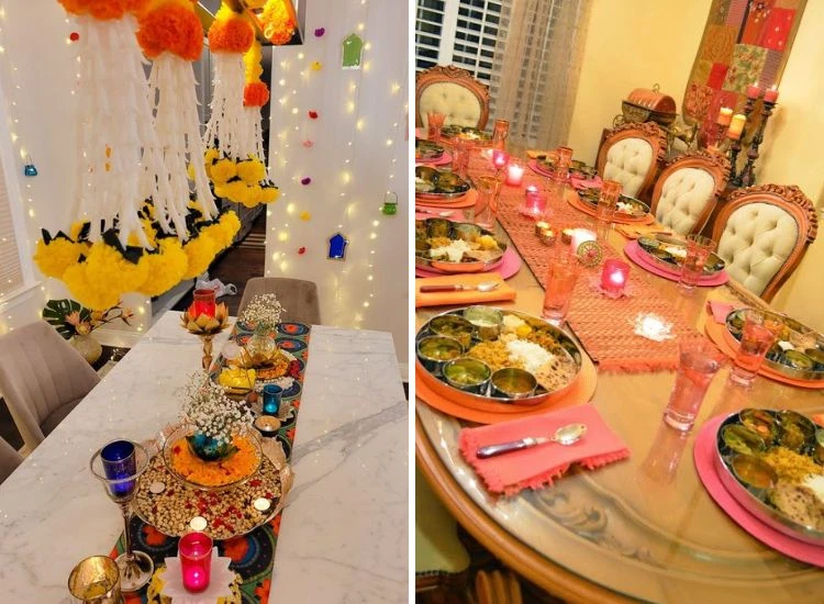 21. Dining table decoration for diwali Diwali dining table decoration featuring flower garlands, LED lighting, diyas, and traditional food arranged on a soft cloth.