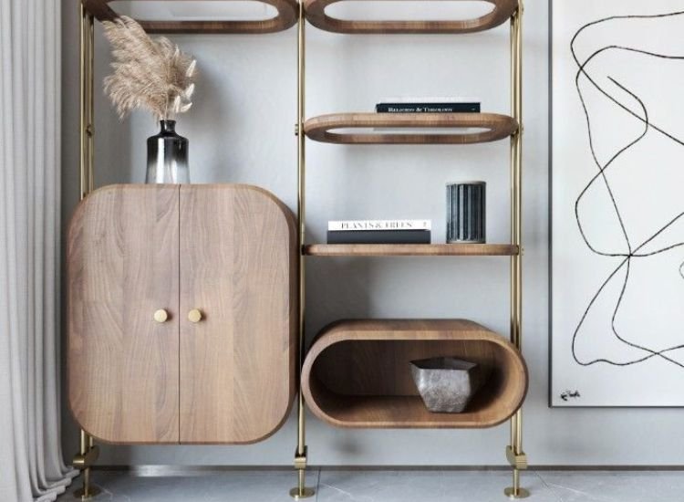 A contemporary wooden shelf with two vases, showcasing the versatility of flexible plywood