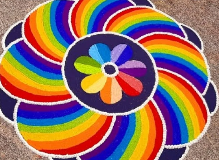 22 .Geomatric Rangoli Beautifully crafted geometric rangoli with a mix of shapes and colors, symbolizing harmony and creativity during Diwali