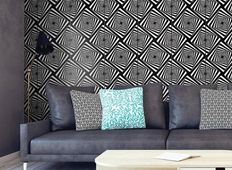 A black and white living room with a geometric wallpaper featuring a customized digital finish laminate with a sofa , wooden finish center table