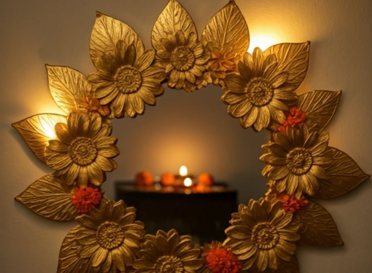 Captivating Diwali lighting photo showing decorative mirror casting a serene glow over a festive rangoli design.