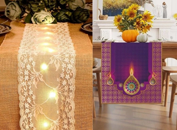 24. Lighting with Table Runner Joyful Diwali lighting photo showing table runner and bright lights illuminating marigold garlands and festive decor.