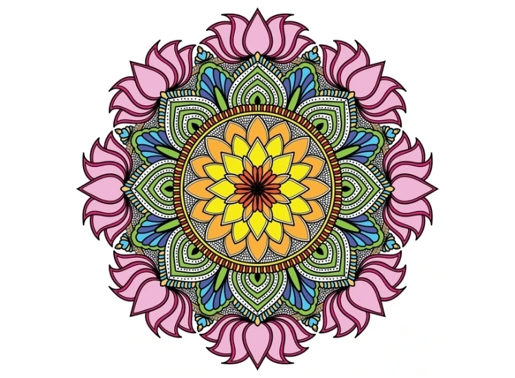 24.Manadala Colourful Rangoli Colorful mandala rangoli featuring symmetrical designs and detailed motifs, adding a touch of elegance to festive celebrations