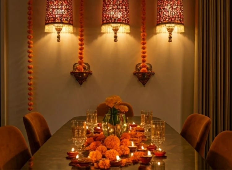 25.Diwali Table Light "Diwali images showcasing vibrant diyas and candles glowing brightly in a beautifully decorated festive setting."