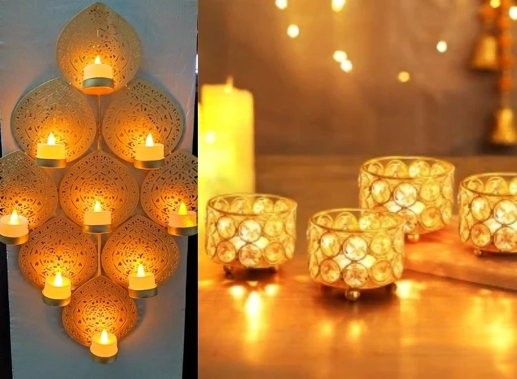 26. Scented Candle Holder "Traditional Diwali images of oil lamps, string lights, and candle holder creating a warm festive atmosphere."