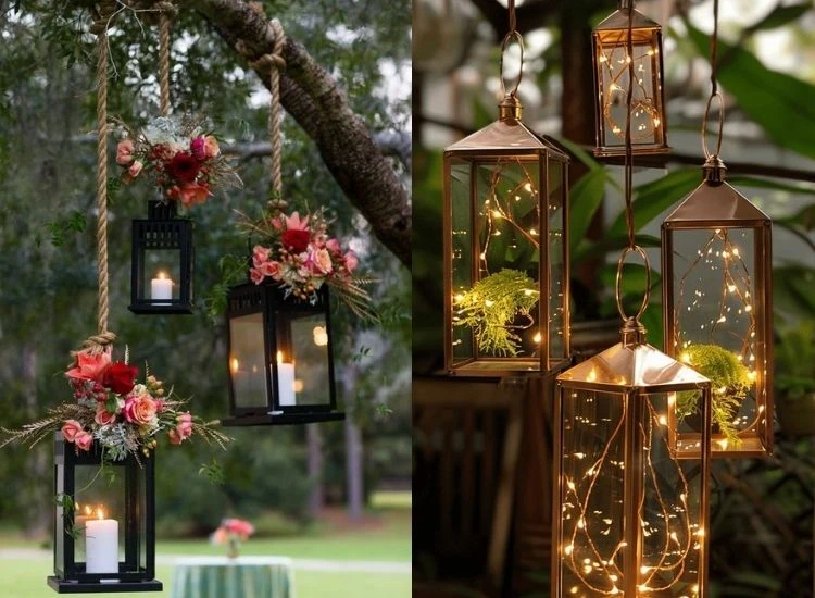27.Hanging Glass Lanterns "Diwali lighting images featuring flickering diyas, candles, and fairy lights in a modern, festive home setup."