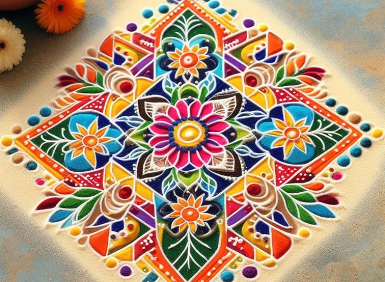 Mandala art in rangoli form, blending traditional patterns with bright hues for a captivating Diwali decoration