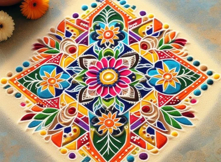 27.Manadala Rangoli Mandala art in rangoli form, blending traditional patterns with bright hues for a captivating Diwali decoration