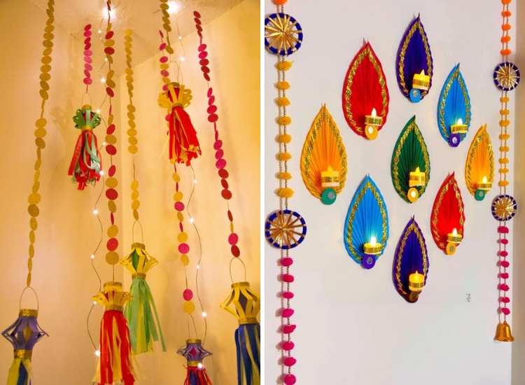 Diwali decor wall hanging items featuring lanterns, LED lighting, and DIY wall hangings designed for holding diyas.