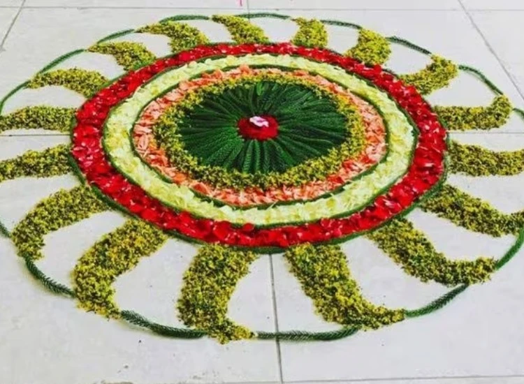 28. Eco Friendly Rangoli Eco-friendly rangoli made from natural materials like flower petals and colored rice, promoting sustainability during Diwali