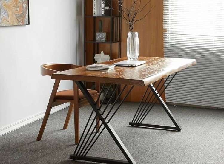 A modern office desk with a wooden table and chair on an industrial laminate surface