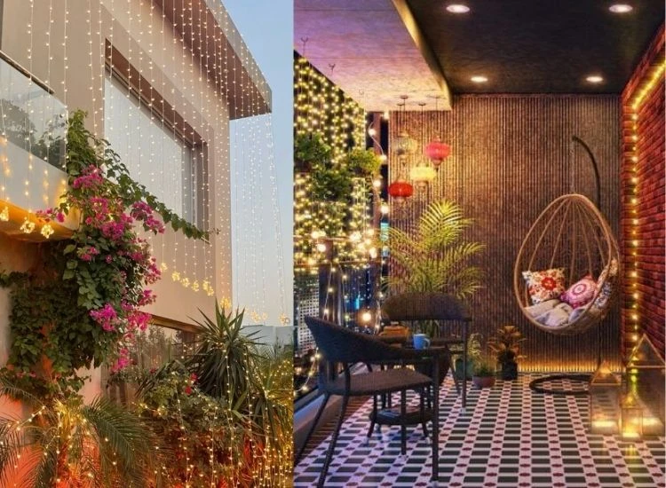 28.Balcony Ligting Beautiful Diwali images showcasing colorful lanterns, diyas, and string lights lighting up a festive space.