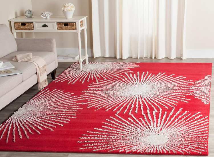 Bold red ethnic rug for Diwali decoration, featuring a vibrant firecracker pattern to enhance the living room's festive look.