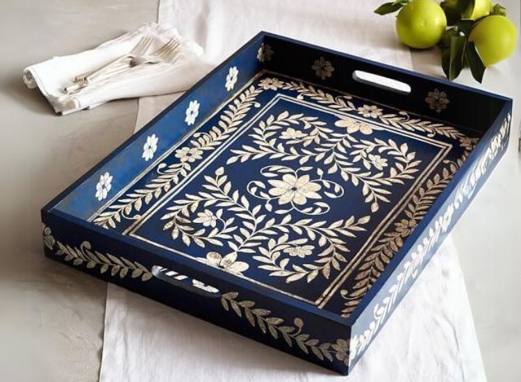 Festive-themed tray in blue with a vibrant floral design, perfect for serving snacks and drinks during celebrations.