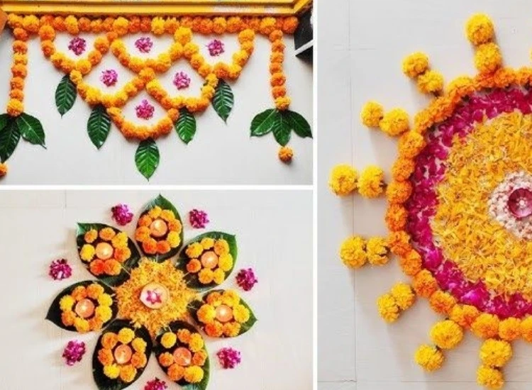 31. Eco Friendly Rangoli Colorful eco-friendly rangoli crafted from leaves and natural dyes, embodying the spirit of Diwali while caring for the planet