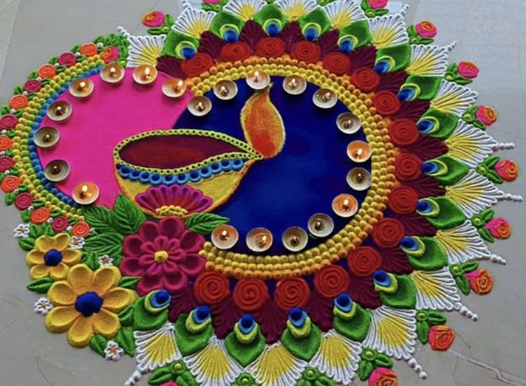 32 . Colourful Intricate colorful rangoli made with bright powders and flowers, adding charm to the festive decor