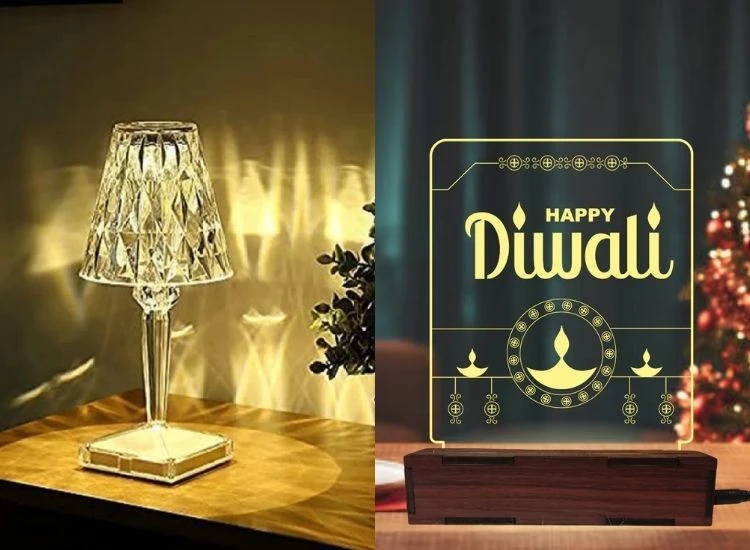 33. Diwali Table Lamp "Traditional Diwali images of oil lamps glowing in front of a colorful altar decorated for the festival."