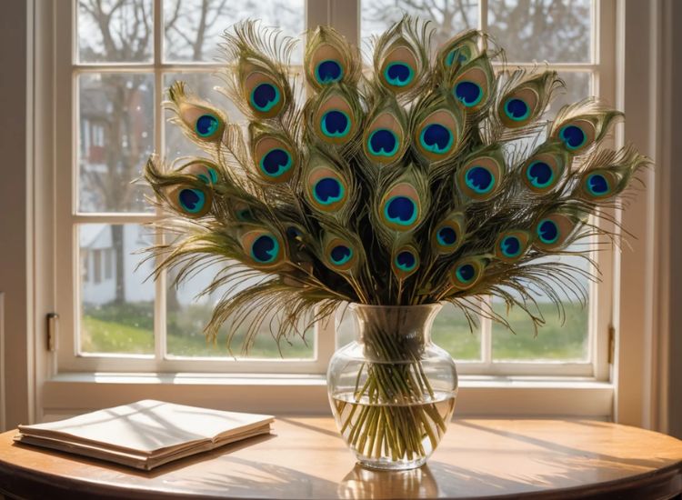 Elegant peacock feather displayed in a flower vase on a table beside a window, enhanced by soft, natural light streaming in.