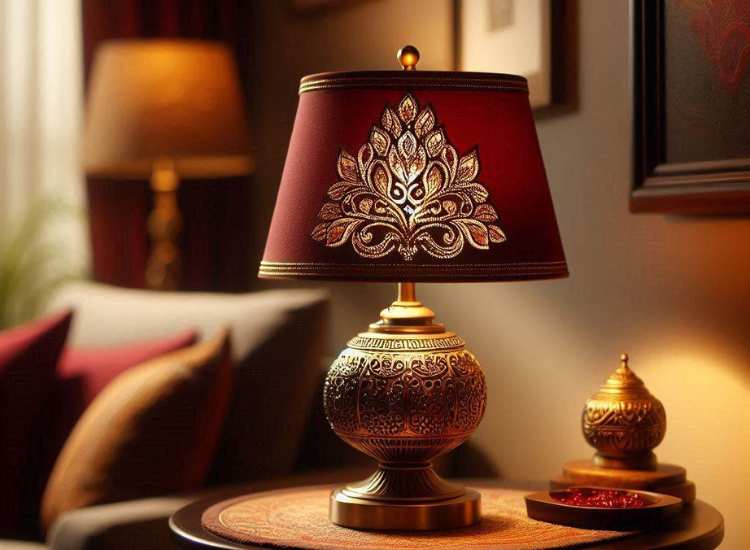 Rich red table lamp for Diwali decoration, featuring intricate details and carvings, enhanced by the room's soft, warm ambience.