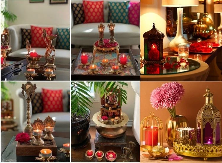 35. Sidetable Decoration "Enchanting Diwali images with side table decoration, and string lights brightening a cozy living room setup.