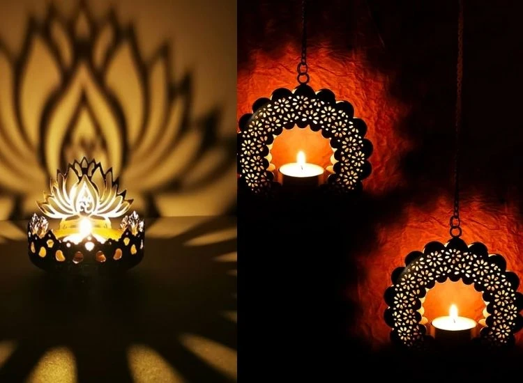 36. Diya Holder "Joyful Diwali images capturing the festive charm of diyas, lanterns, and fairy lights lighting up a home."