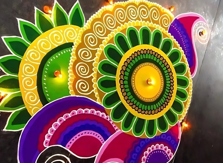 Stunning colorful rangoli with geometric designs, enhancing the beauty of the home during the festival