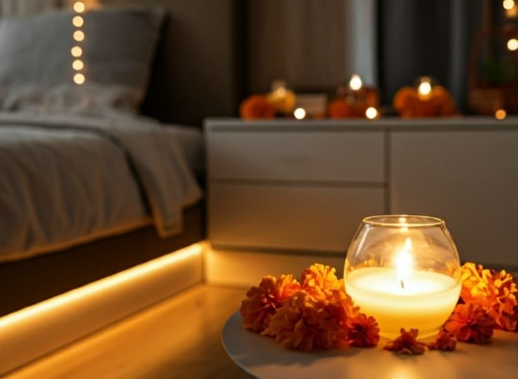 "Diwali images capturing the beauty of traditional diyas and modern string lights in a cozy, decorated home."