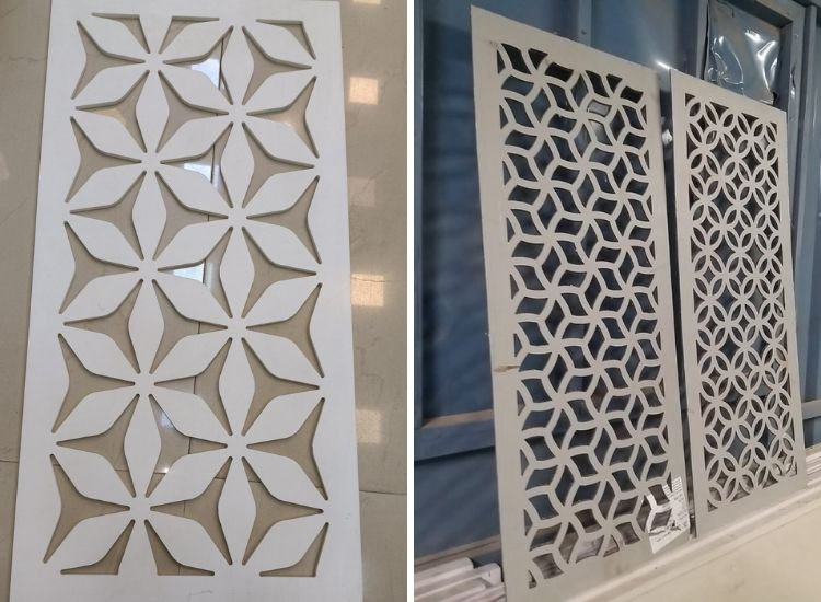 A white laminate with intricate geometric designs, created using CNC Cut Laminate and laser cutting technique