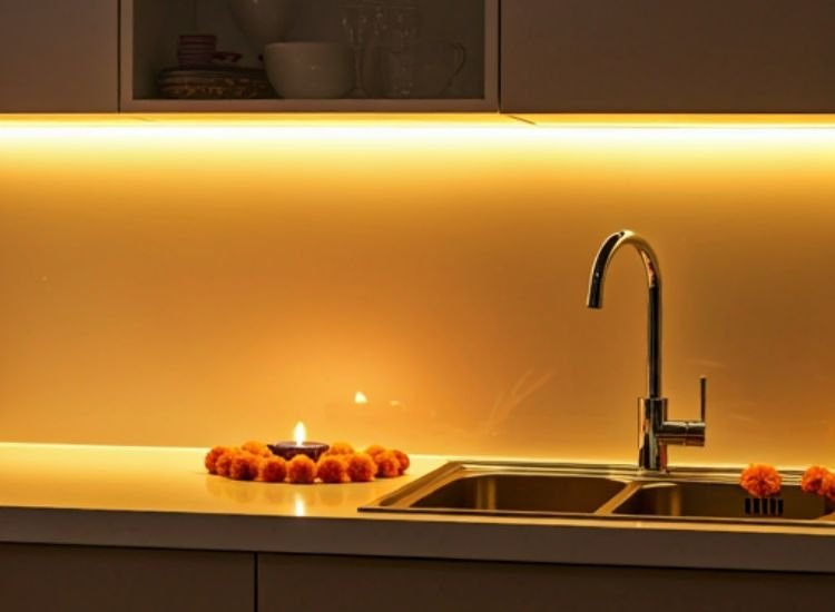 Stunning Diwali images featuring flickering oil lamps kitchen light illuminating a home with festive decor.