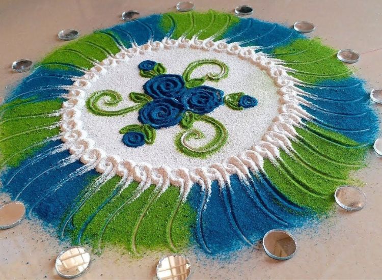 Intricate mirror rangoli adorned with colorful embellishments, creating a dazzling effect for Diwali celebrations