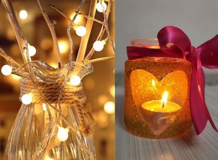 "Beautiful Diwali lighting images of diyas and fairy lights glass holder casting a festive glow over a decorated living room."