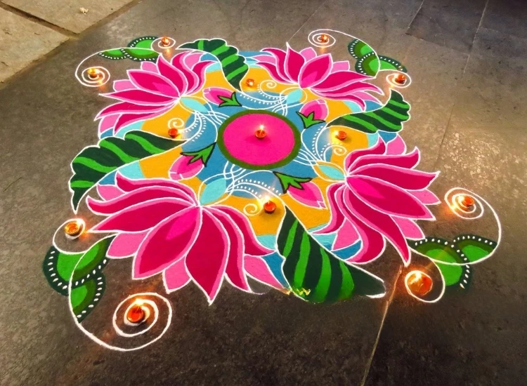 39. Mirror image Vibrant mirror image rangoli with intricate patterns and bold colors, creating a stunning symmetrical design.