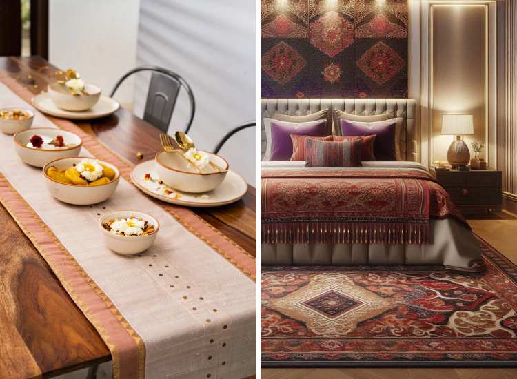 Festive dining table rug adorned with food items, alongside a themed Diwali runner elegantly draped over a plush bed.