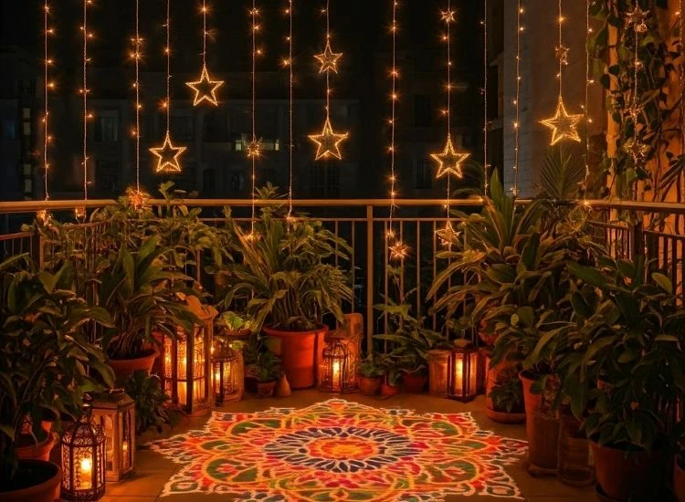 4. Star Lighting Elegant Diwali lighting images showcasing glowing diyas placed along a window sill, enhancing the festive décor.