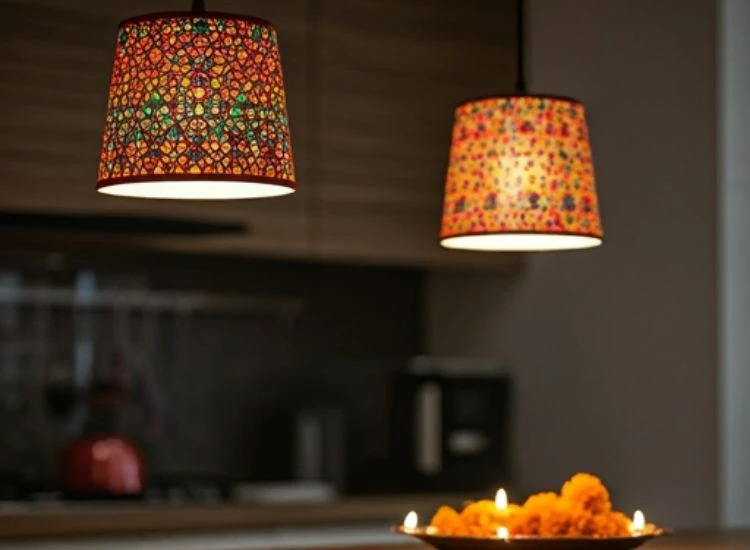 40. Kitchen CounterTOP "Radiant Diwali lighting images showcasing traditional oil lamps and modern lighting enhancing a festive setup."