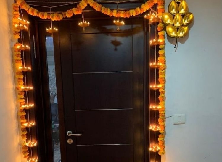 "Serene Diwali lighting images of diyas and candles glowing alongside fairy lights in a peaceful, festive room."