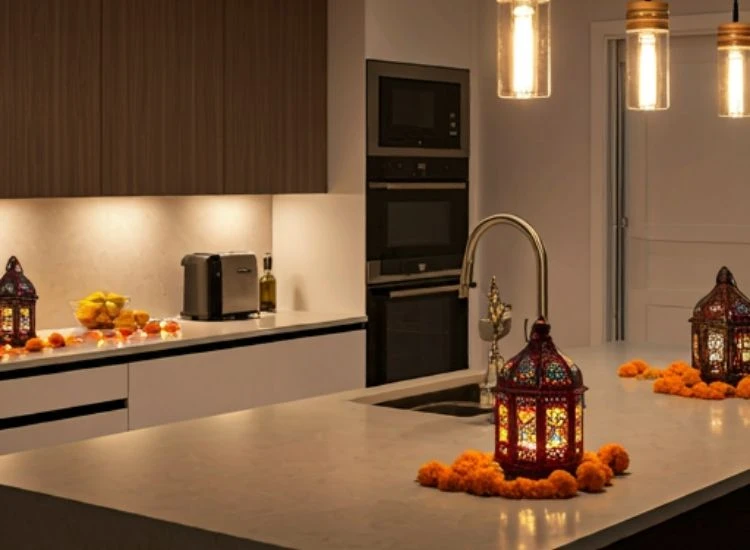 42. Kitchen Lanterns "Radiant Diwali lighting images showcasing traditional oil lamps and modern lighting enhancing a festive setup.