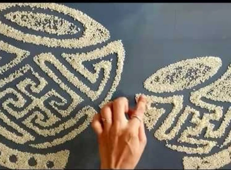 43 . Cultural Rangoli Traditional Gujarat sathiya rangoli with bold geometric patterns, bright colors, and intricate detailing, celebrating festive spirit.