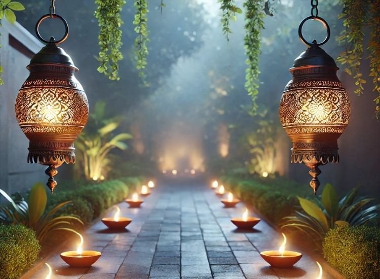 "Joyful Diwali lighting images with diyas, string lights, and floral garlands creating a festive, cozy vibe."