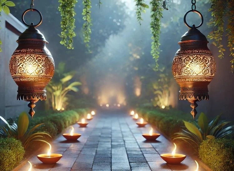 43. Outdoor Metal Lanterns "Joyful Diwali lighting images with diyas, string lights, and floral garlands creating a festive, cozy vibe."