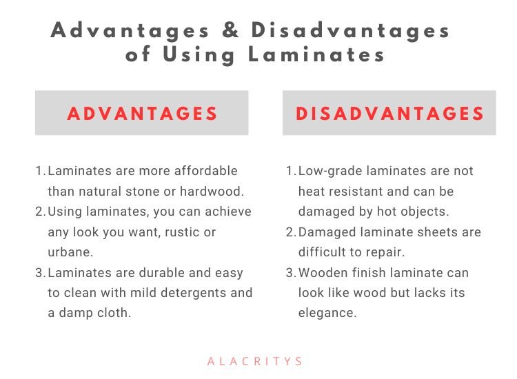 Advantages & disadvantages of using laminate - Durable, affordable, easy to clean Advantages. Prone to scratches, not easily repairable Disadvantages