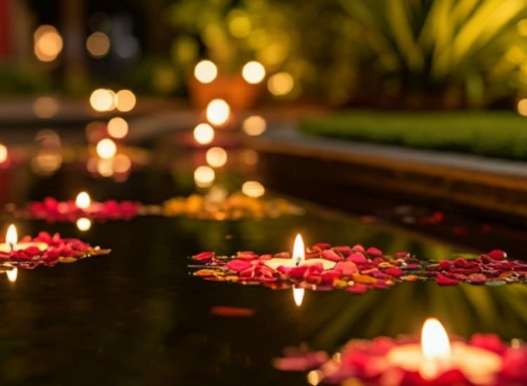 "Diwali lighting images showing radiant diyas and LED lights creating a warm, inviting atmosphere for the festival."