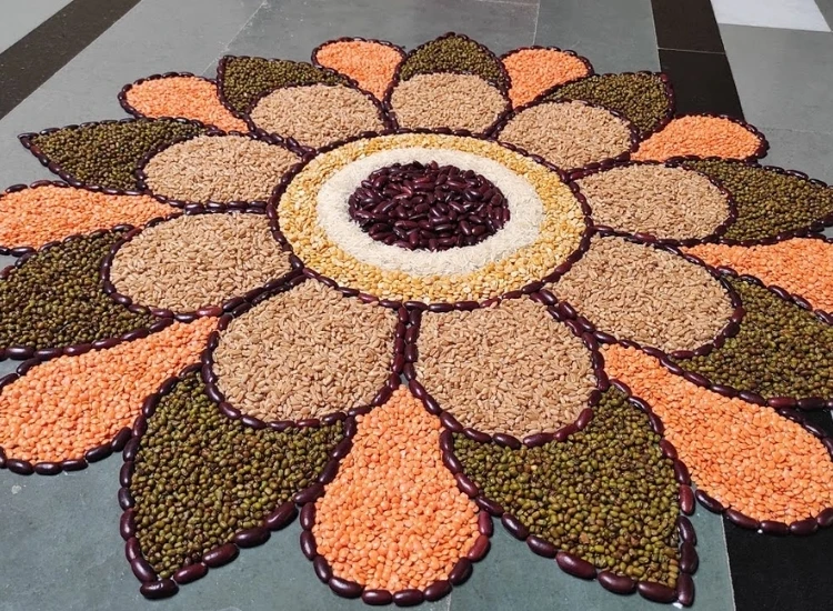 46 .Grain And Pulse 1 Grain and pulse rangoli with vibrant patterns made from colorful pulses and grains, creating stunning designs for festive decor.