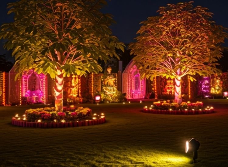 "Elegant Diwali lighting images capturing the glow with spotlight on plants and string lights illuminating a festive corner."