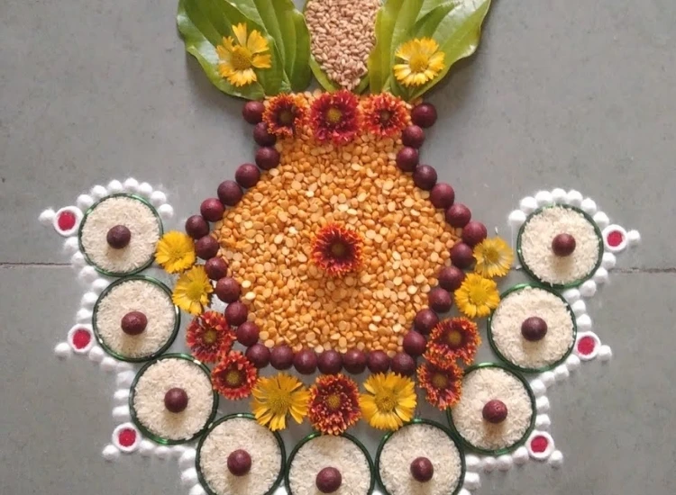 47.Grain And Pulse Rangoli Colorful grain and pulse rangoli featuring intricate designs made from various grains, perfect for festive celebrations.