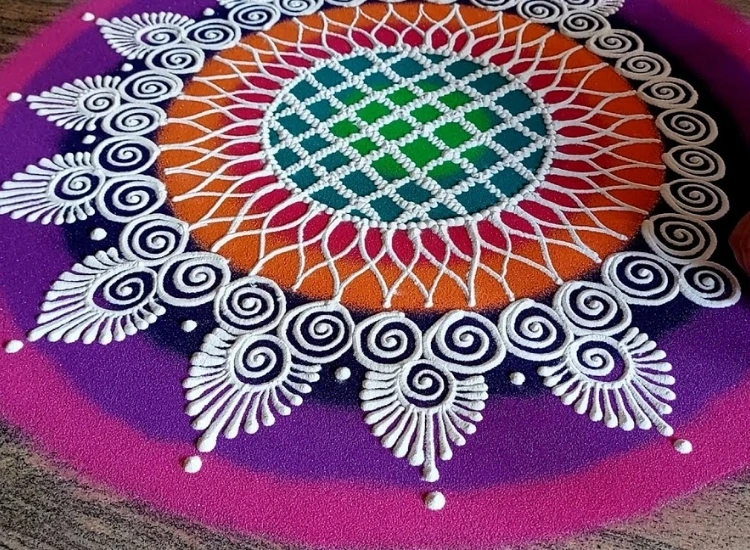 48.Sanskar Bharti Rangoli Sanskar Bharti rangoli featuring intricate traditional patterns in vibrant colors, celebrating cultural heritage and festivities.