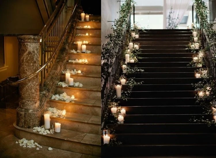 49. Stair Case Diya Lighting "Radiant Diwali lighting images showcasing traditional oil lamps and modern lighting enhancing a festive setup."